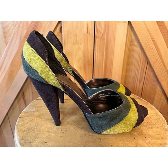 ANNE MICHELLE BLACK GREEN YELLOWPLATFORM 5 INCH PUMP PEEP TOE HEEL SHOES 8.5 - Picture 3 of 8